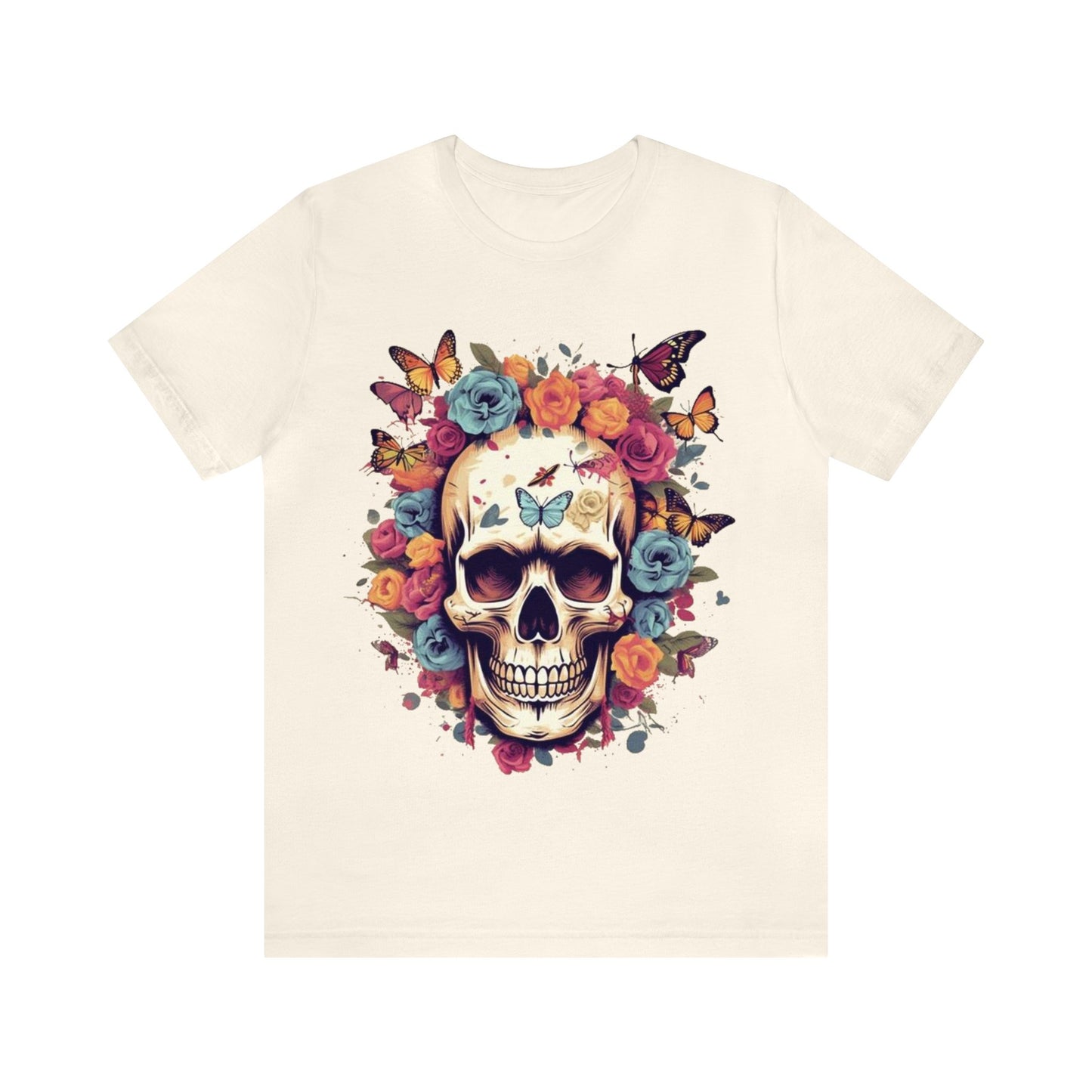 skull butterflies roses colorful Unisex Jersey Short Sleeve Tee