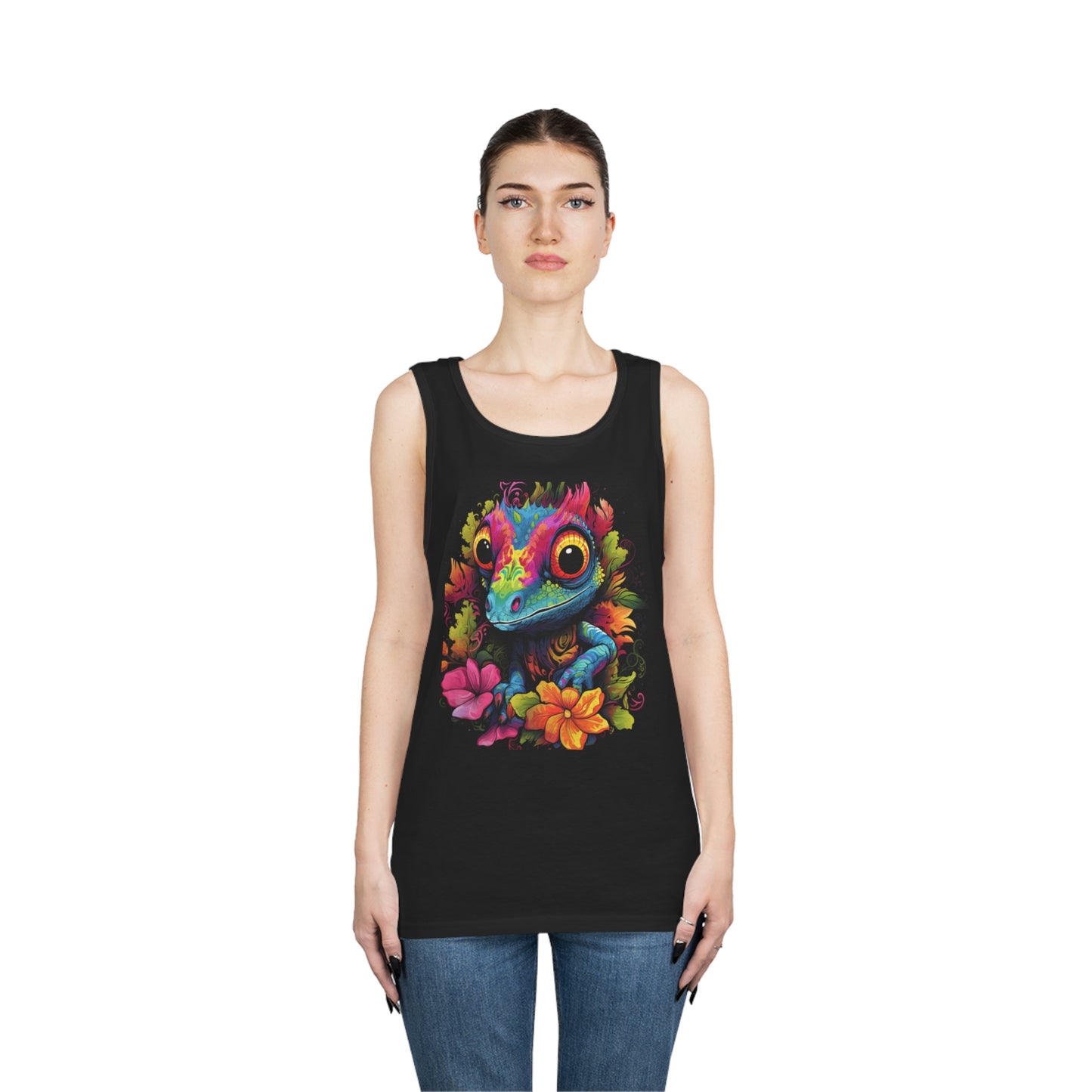 colorful cute gecko flowers Unisex Heavy Cotton Tank Top