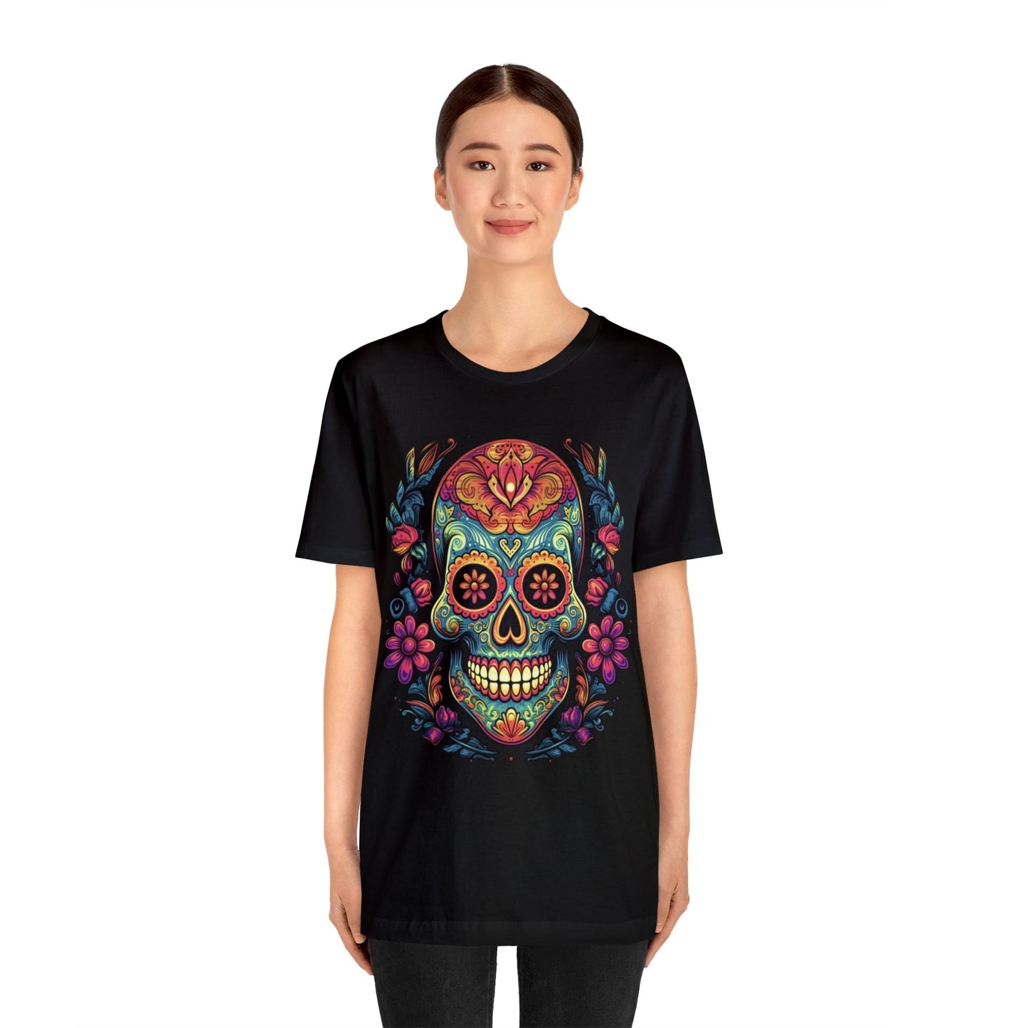 sugar skull and flowers colorful Unisex Jersey Short Sleeve Tee