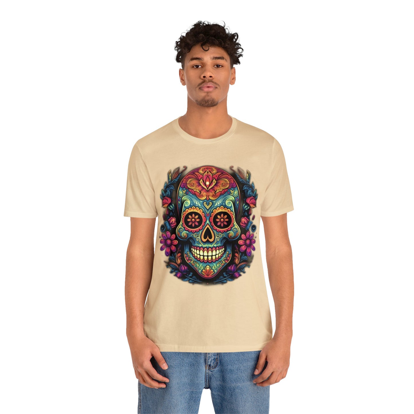 sugar skull and flowers colorful Unisex Jersey Short Sleeve Tee