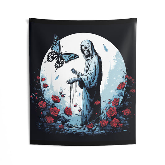 grim reaper skeleton roses butterfly Indoor Wall Tapestries