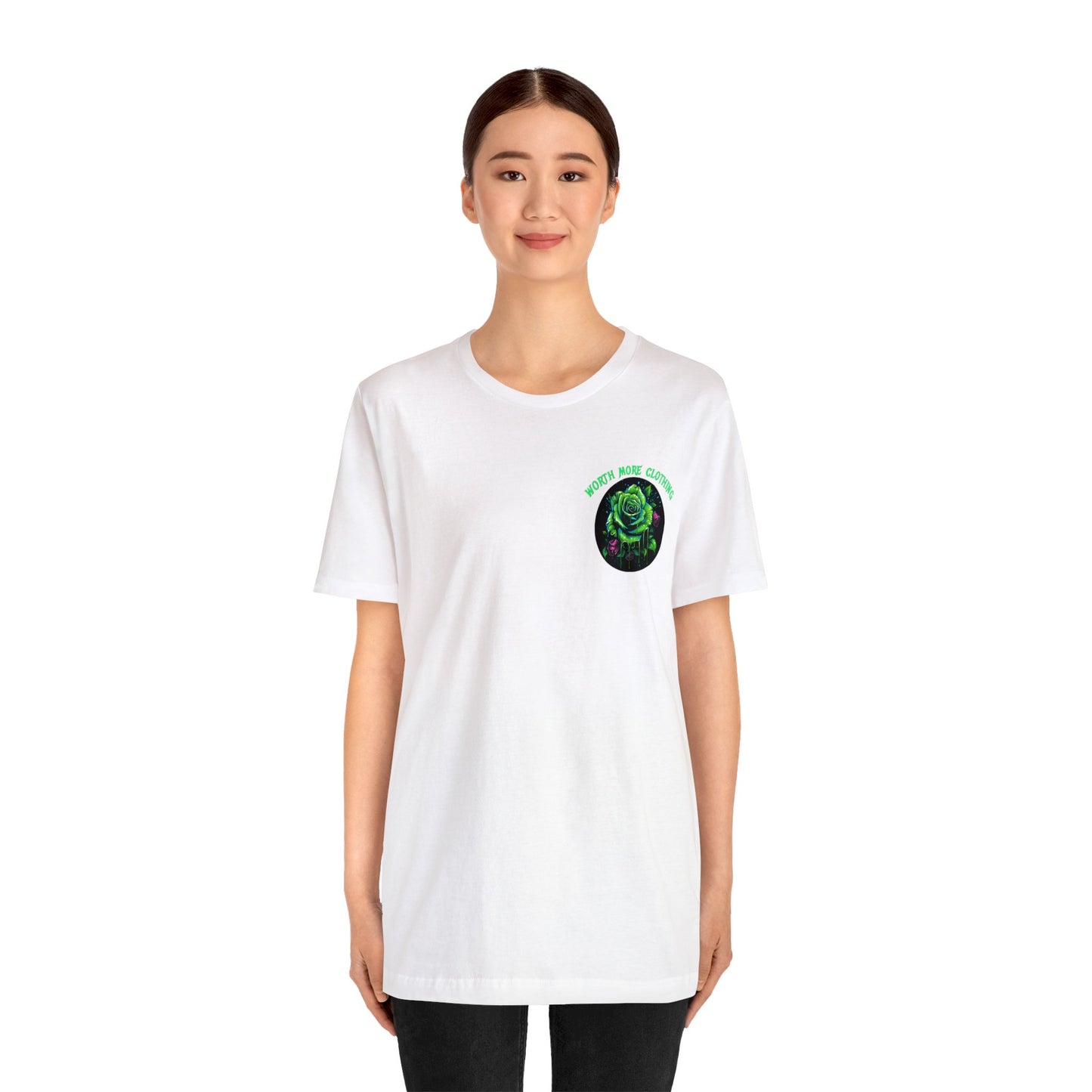 worth more clothing green goddess and rose Unisex Jersey Short Sleeve Tee