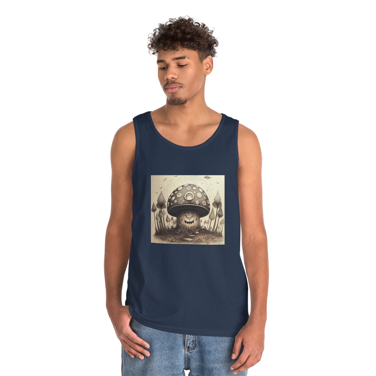 smiling blurry black and white mushroom trippy Unisex Heavy Cotton Tank Top