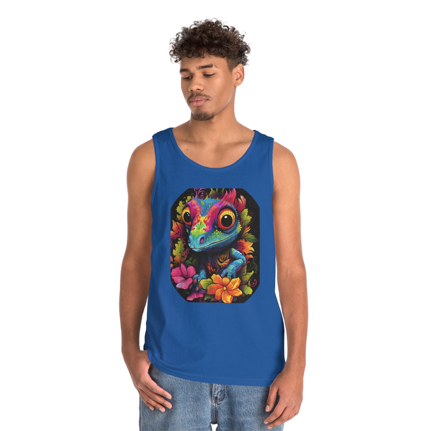 colorful cute gecko flowers Unisex Heavy Cotton Tank Top