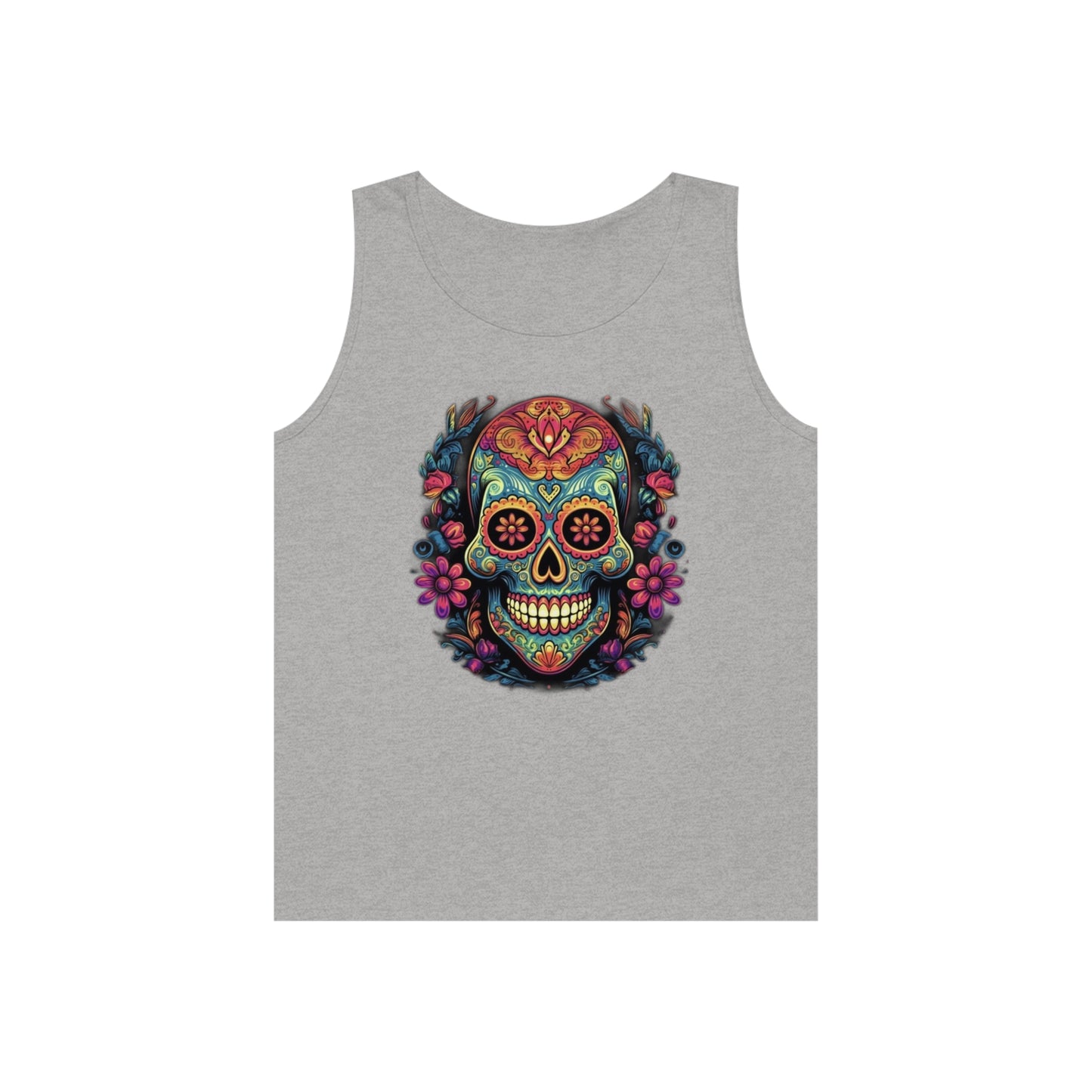 sugar skull and flowers colorful Unisex Heavy Cotton Tank Top