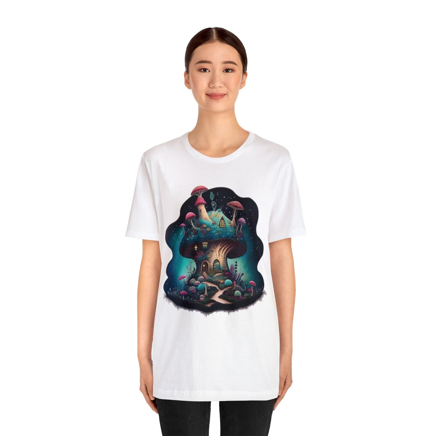 mushroom house colorful trippy Unisex Jersey Short Sleeve Tee