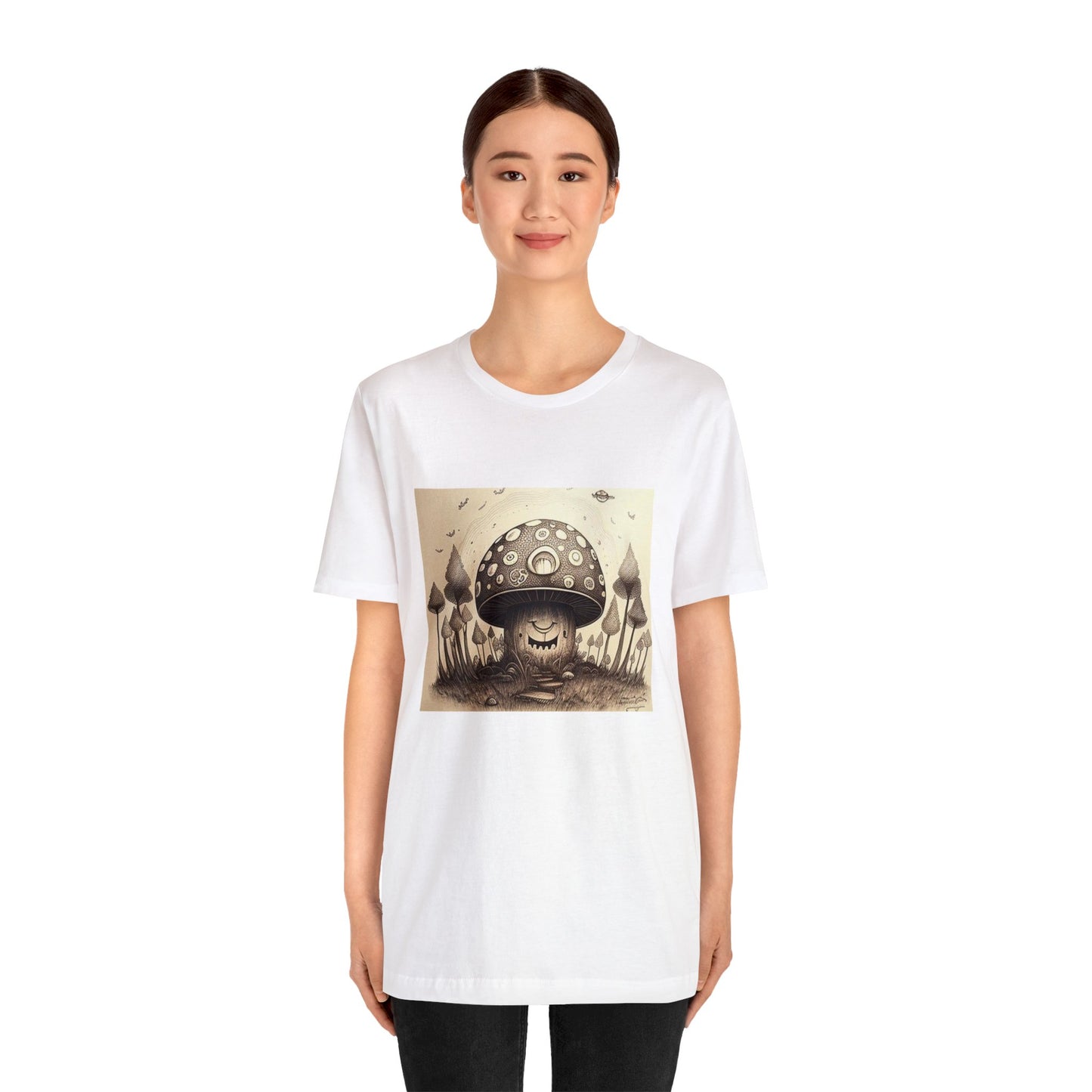 smiling blurry black and white mushroom trippy Unisex Jersey Short Sleeve Tee