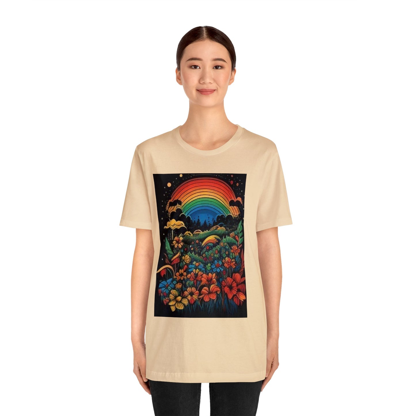 70's style rainbow and flowers colorful trippy Unisex Jersey Short Sleeve Tee