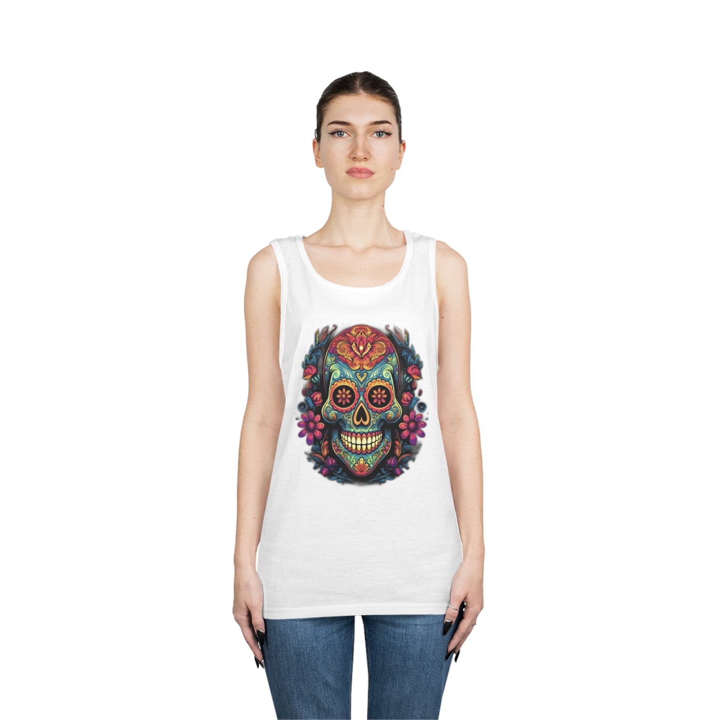 sugar skull and flowers colorful Unisex Heavy Cotton Tank Top