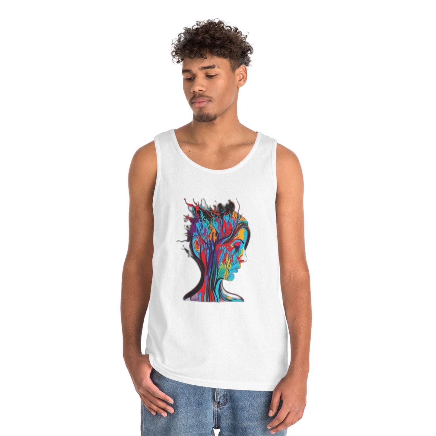 introspective colorful trippy sad face Unisex Heavy Cotton Tank Top