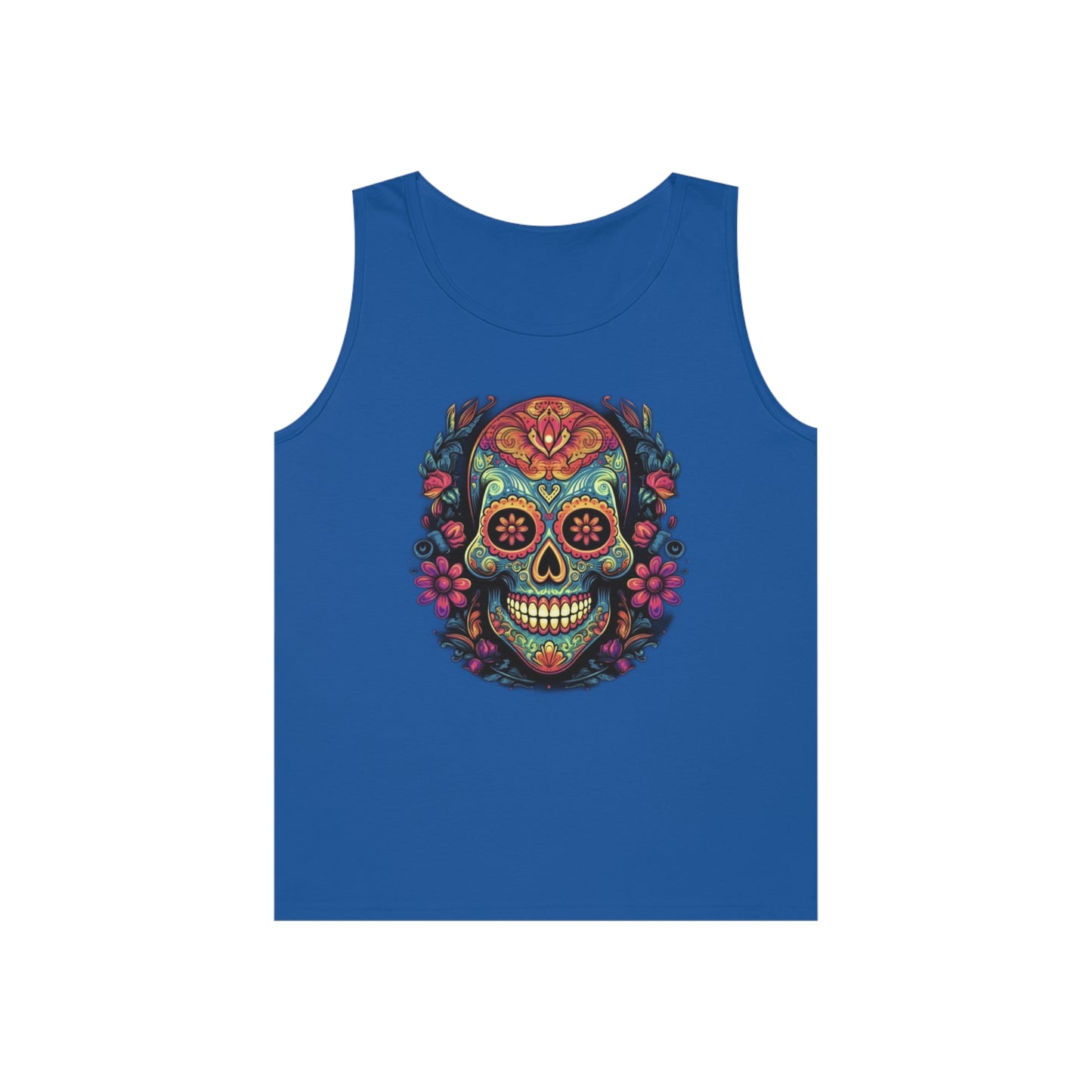 sugar skull and flowers colorful Unisex Heavy Cotton Tank Top