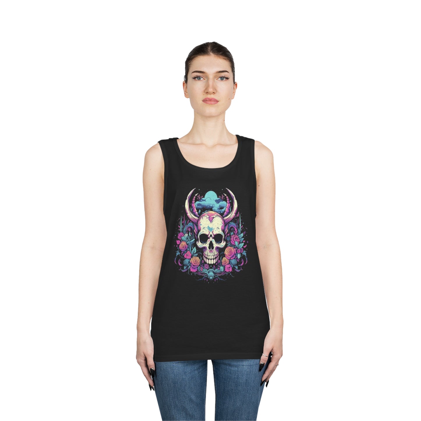 skull with horns colorful trippy Unisex Heavy Cotton Tank Top